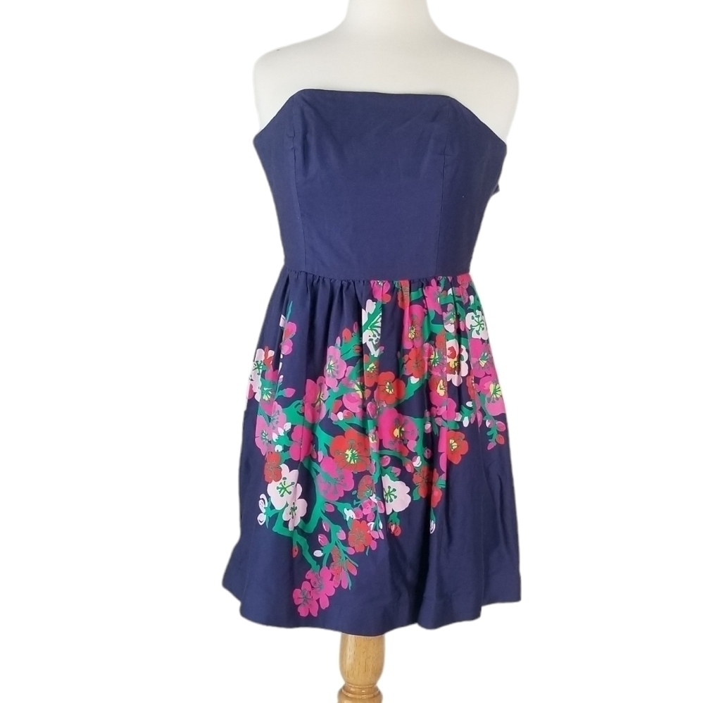 Lilly Pulitzer Lottie Blue Cherry Floral Strapless Mini Dress Size 6 - Picture 2 of 16